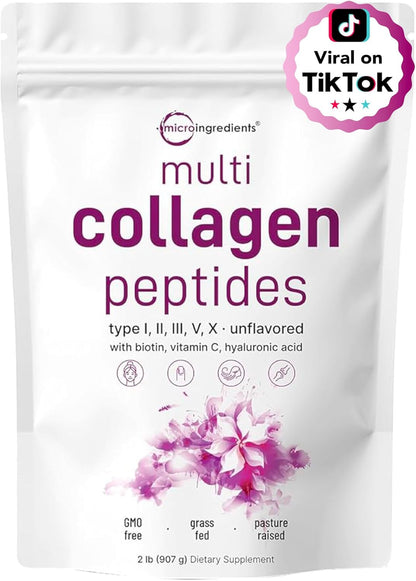 Micro Ingredients Multi Collagen Protein Powder, 2 Pounds – Type I,II,III,V,X with Biotin, Hyaluronic Acid, Vitamin C