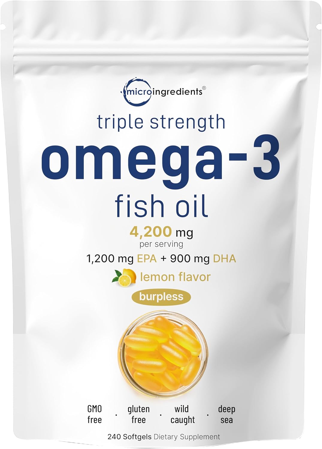 Suplementos de Aceite de Pescado Omega 3 Triple Fuerza 4200 mg Por Porción, 240 Softgels – Sabor Limón – Sin Eructos | EPA 1200 mg + DHA 900 mg | Pescado de Aguas Profundas